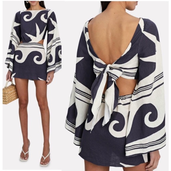 Johanna Ortiz Wave After Wave Tie Back Mini Dress Organic Linen Statement Sleeve - Picture 3 of 12